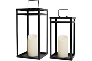 HPC DEC R OUR HAPPY PLACE HPC Decor Black Metal Candle Lanterns Set of 2- Lanterns Decorative w/ LED Timer Candles- 15.8'' & 12.6'' Chunky Modern Farmhouse Lantern Decor for Indoor,Outdoor,Fireplace,Porch (No Glass)
