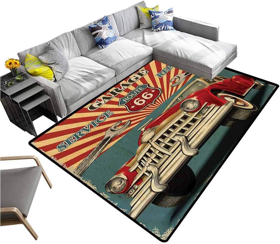 Americana Modern Indoor Rugs Vintage Garage Repair Shop Advertising Automobile Rustic Vehicle Nostalgic Retro Art Bedroom Hallway Rug Teal (6'6"x10')