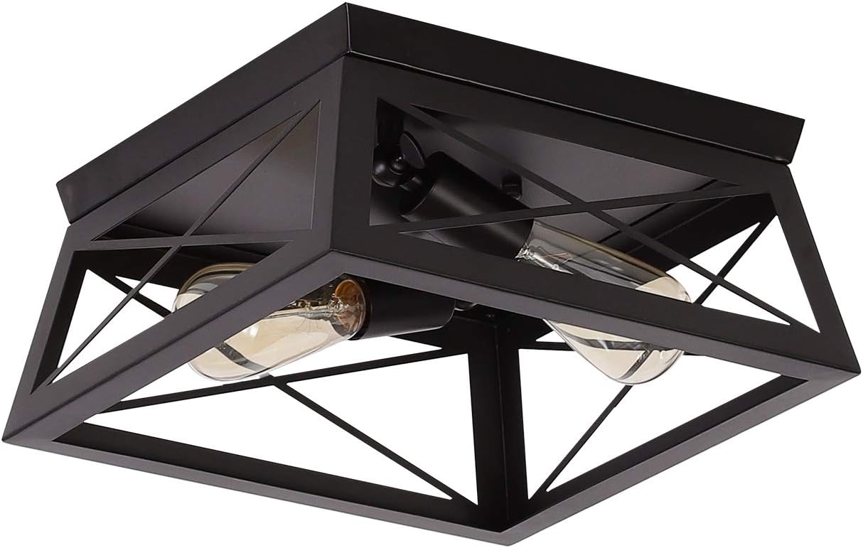 Industrial Farmhouse Ceiling Light Fixture Square Hallway Flush Mount Ceiling Lights for Kitchen Laundry Room 2-Lights, Black - - 