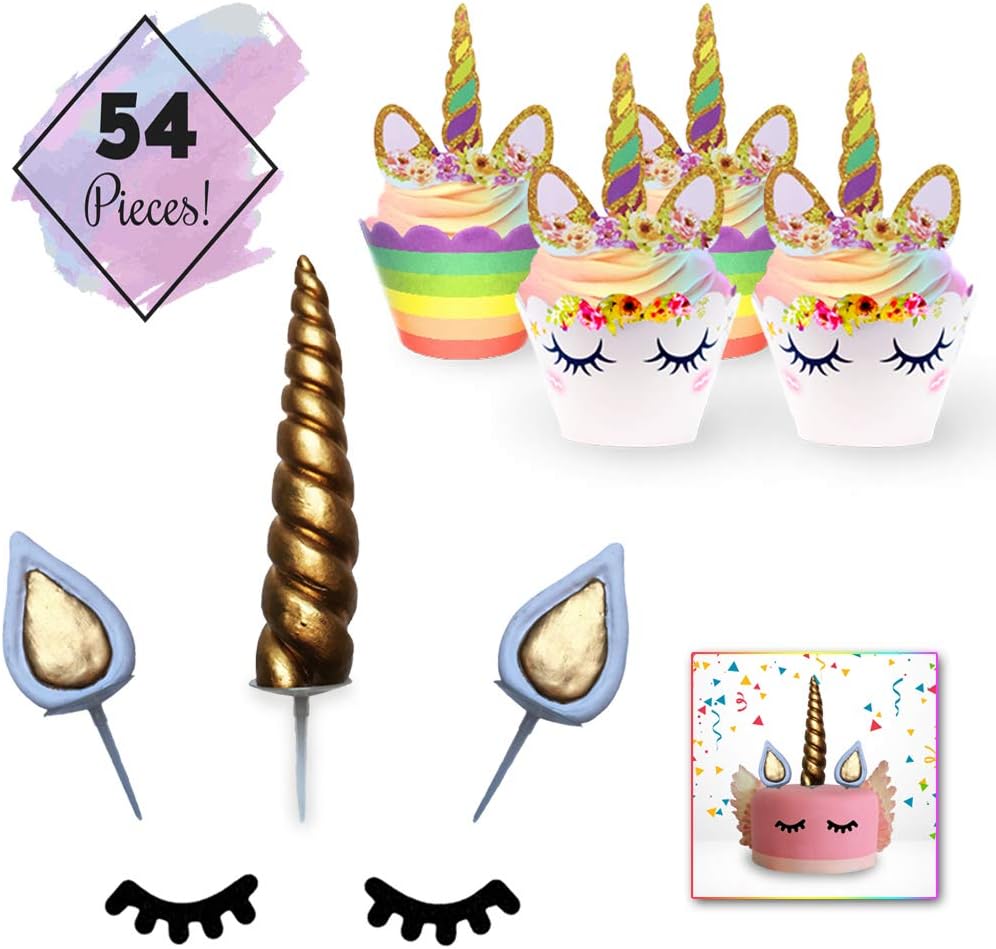 Unicorn Cake & Cupcake Topper Decoration Set - 24 Double Sided Cupcake Wrappers and 24 Toppers. Unicorn Cake Toppers: Handmade Horn, Ears and Eyelashes. Kids Birthday Theme Party, Baby Shower