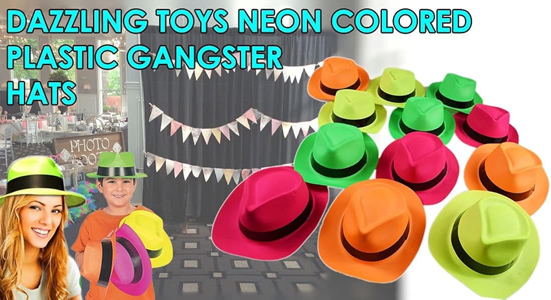 Neon Gangster Hats 24 Assorted Colors Plastic Fedora Dress Up Party Favor Hats Holiday Costume Accessory: Clothing