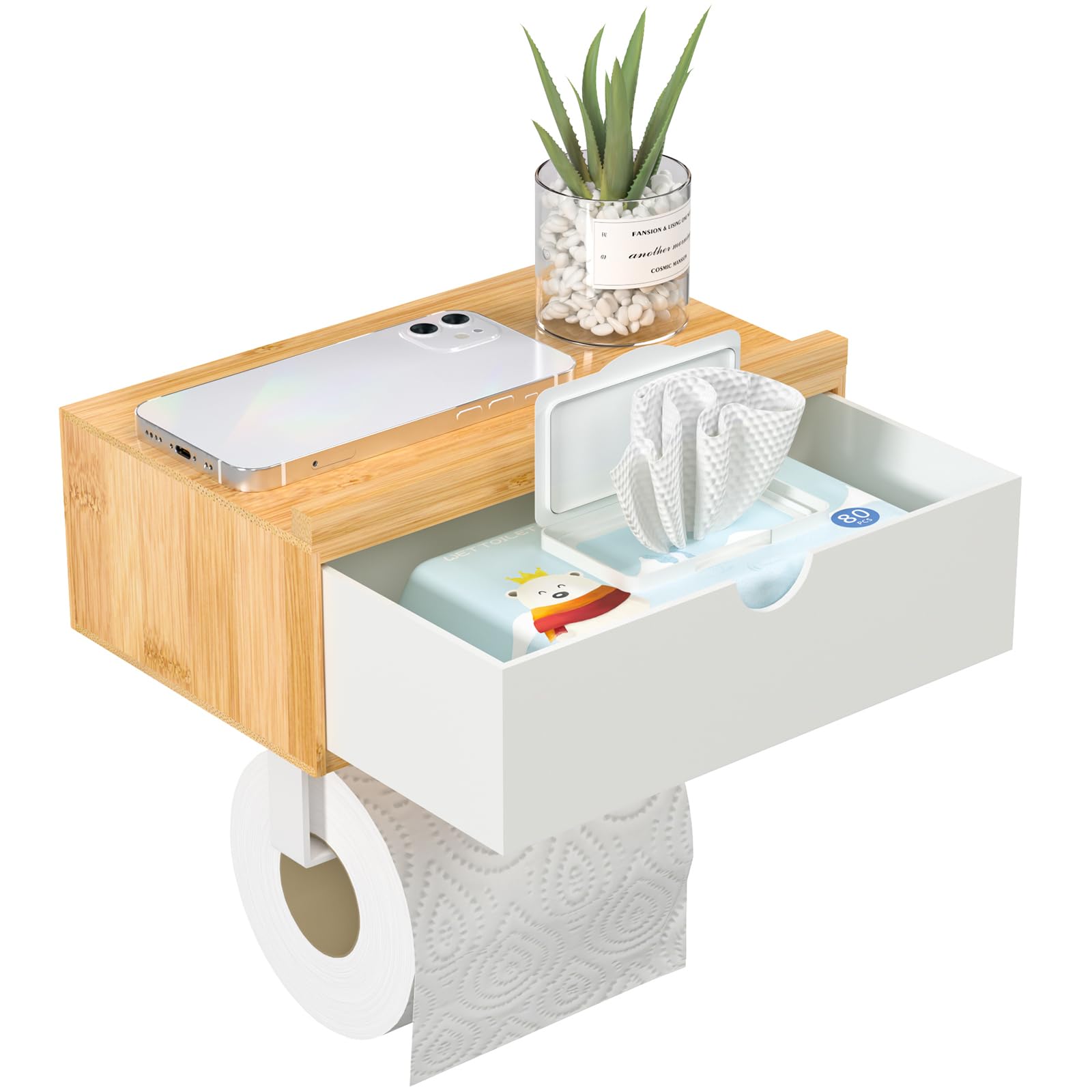 Photo 1 of Domax Toilet Paper Holder with Shelf, Wall Mount/Adhesive Bathroom Toilet Paper Holder, Bamboo Wood Tissue Toilet Roll Holder with Storage Drawer for Organizer Wipes, Fits Any Room, Bamboo + White, Large