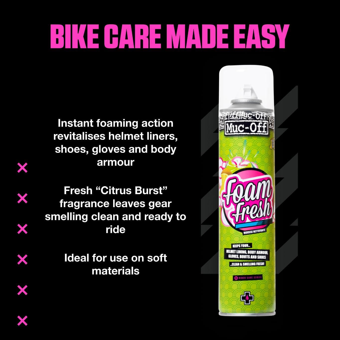 Muc-Off Foam Fresh-Schaum, 400 ml - Schäumendes Sofort Reinigungsmittel mit Zitrusduft – Geeignet für Motorradhelm Futter, Motorradhandschuhe und –stiefel, als Polsterreiniger 7
