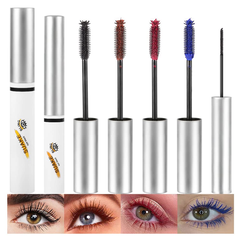 4pcs Colored Mascara and 1Pcs Black Skinny Mascara Set, Blue Red Brown Mascara eyelash Volume and Length, 4D Silk Fiber Lash Extensions Mascara, Natural Hypoallergenic Cruelty-Free Mascara