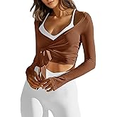 Fisoew Womens Wrap Tie Tops Long Sleeve Workout Crop Wrap Shirts Casual Lightweight Ballet Pilates Yoga Active Tops