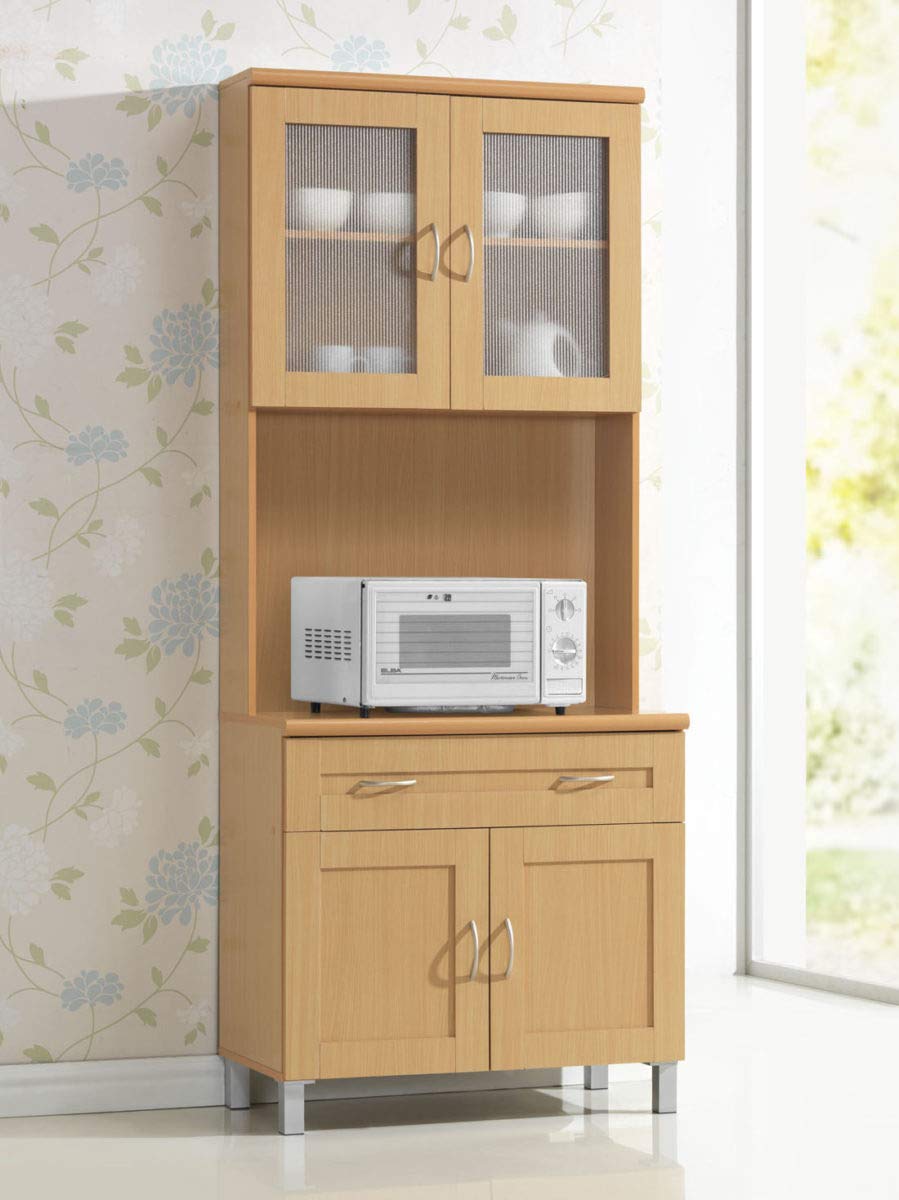 Hodedah Tall Standing Kitchen Cabinet with Top and Bottom Enclosed Cabinet Space, 1-Drawer, Large Open Space for Microwave in Beech