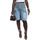 NRTHYE Women Denim Shorts High Waisted Straight Leg Casual Cargo Jean Shorts with Pockets
