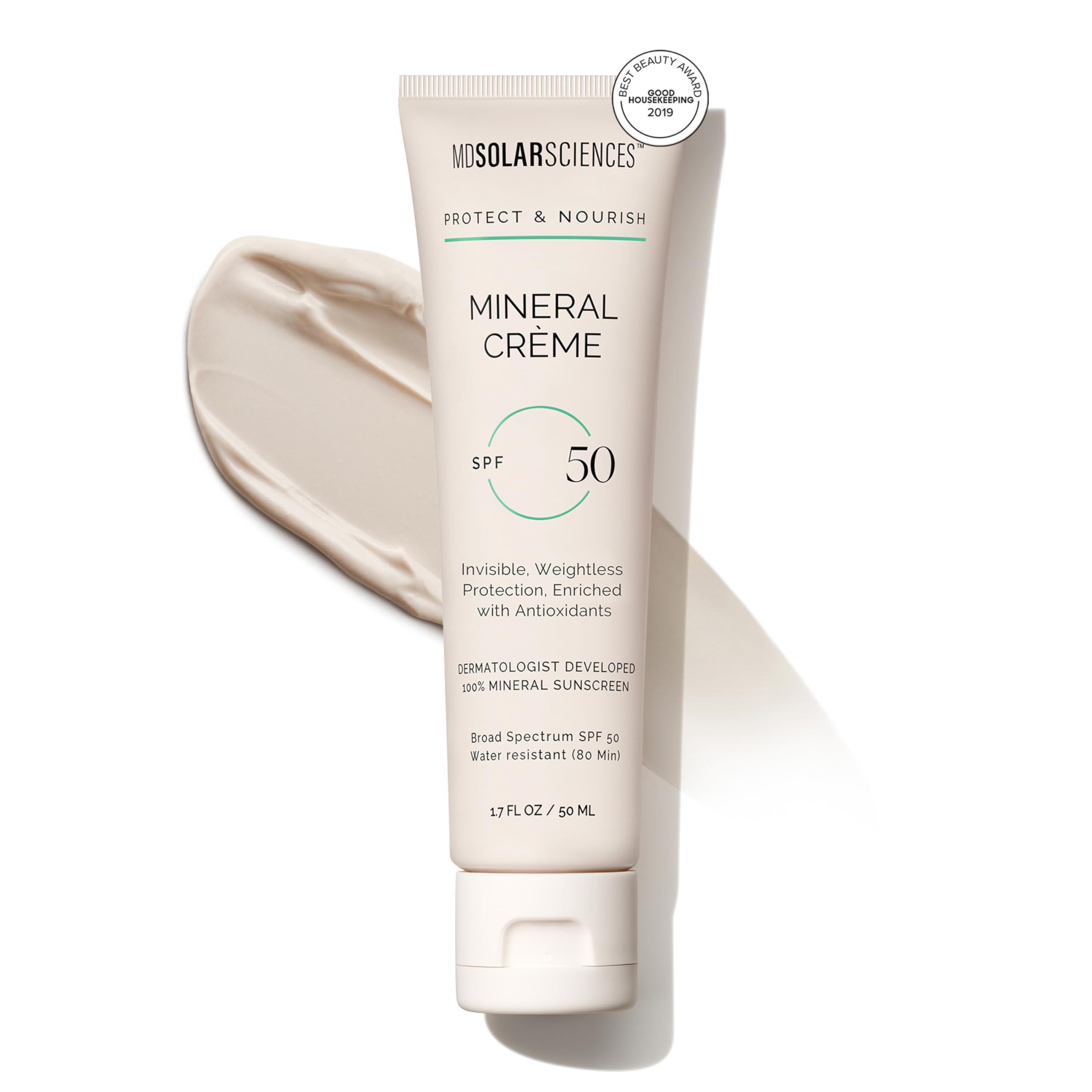 MDSolarSciences Mineral Creme SPF 50 - UV Resistant, Hydrating Mineral Cream - Daily Use Sun Defense And Skin-Boosting, Vitamin-Infused, Reef-Safe Formula - Vegan, Oil Free and Unscented - 1.7 oz