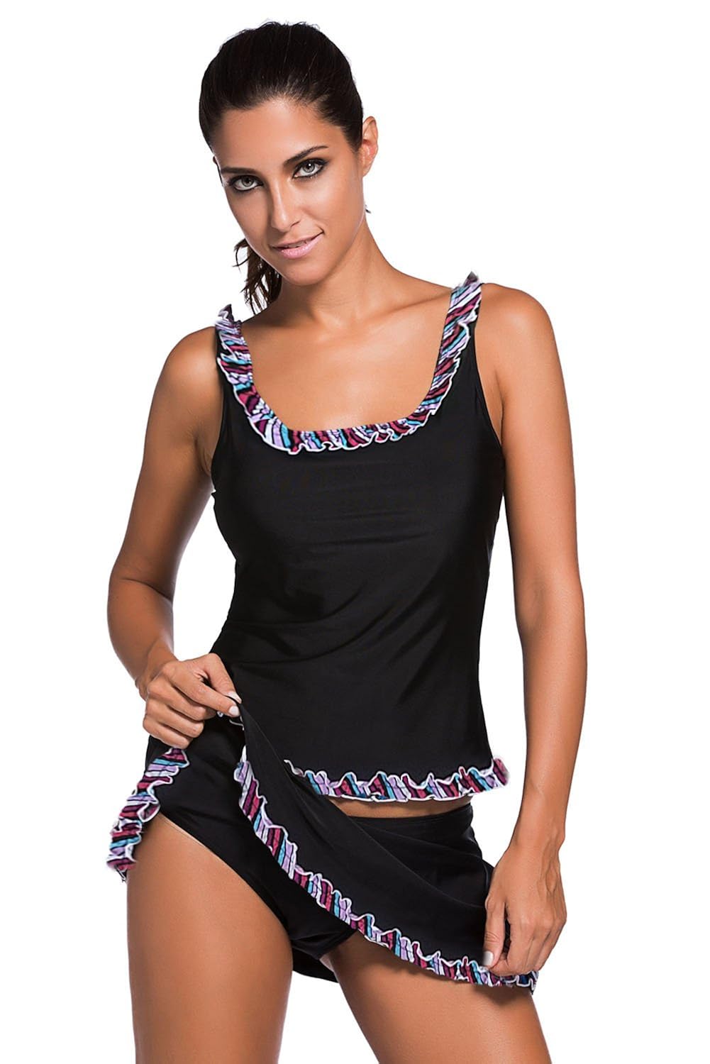 boldgal women's beach swimwear ruffle trim tankini (black)