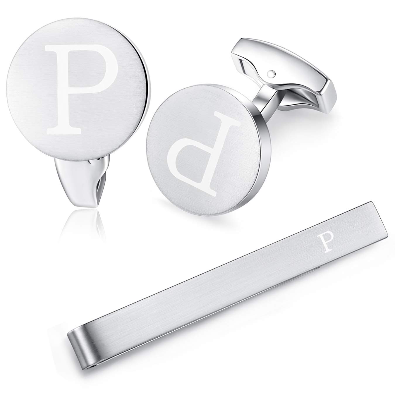 HONEY BEAR Initial Alphabet Letter Cufflinks Tie Clip Set for Mens - Brushed Silver Round Stainless Steel, for Business Wedding Gift,5.4cm (P)