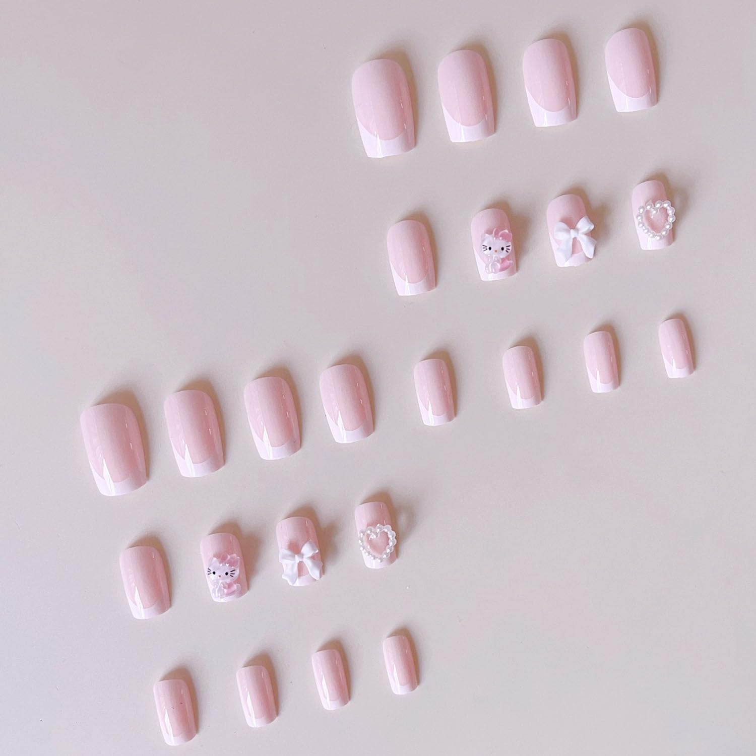 French Tip Press on Nails Short Cute Pink Nail Art Cartoon with Pearl Heart Bow Design, White French Nails Press ons False Nails Fashion Fingernails 24pcs - Image 3