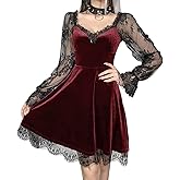 TSMNZMU Goth Vampire Velvet Vintage Fairy Dress - Lace Long Sleeve Sexy Punk Grunge Emo Alt Witchy Dress