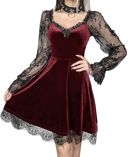Red V-Neck Dress Women Gothic Moon Print Sexy Mini Dress Grunge Dark  Vintage Aesthetic Harajuku Long Sleeve Autumn Dress X-Large in Dubai - UAE  | Whizz Dresses
