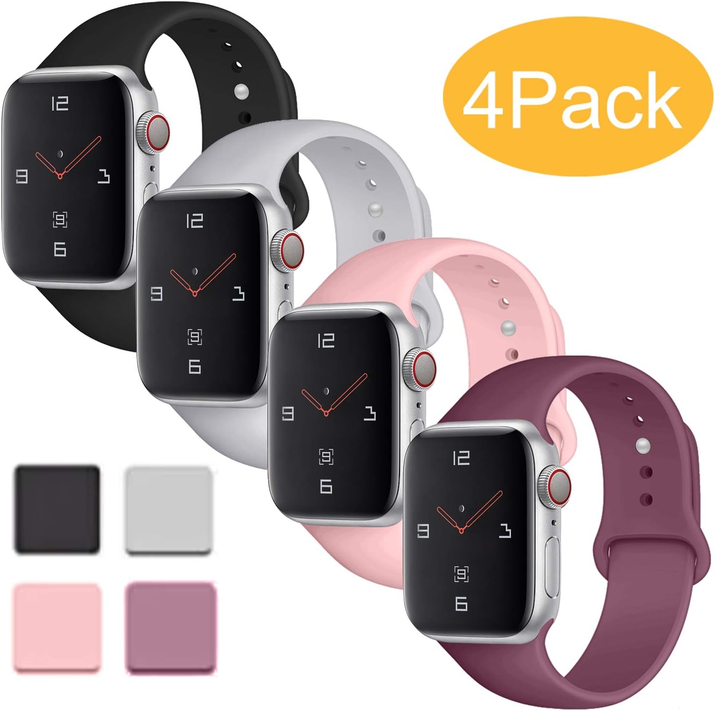 Misker 4 Pack Sport Band Compatible with for Apple Watch Band 38mm 40mm 42mm 44mm, Soft Silicone Sport Strap Compatible with iWatch Series 5 4 3 2 1
