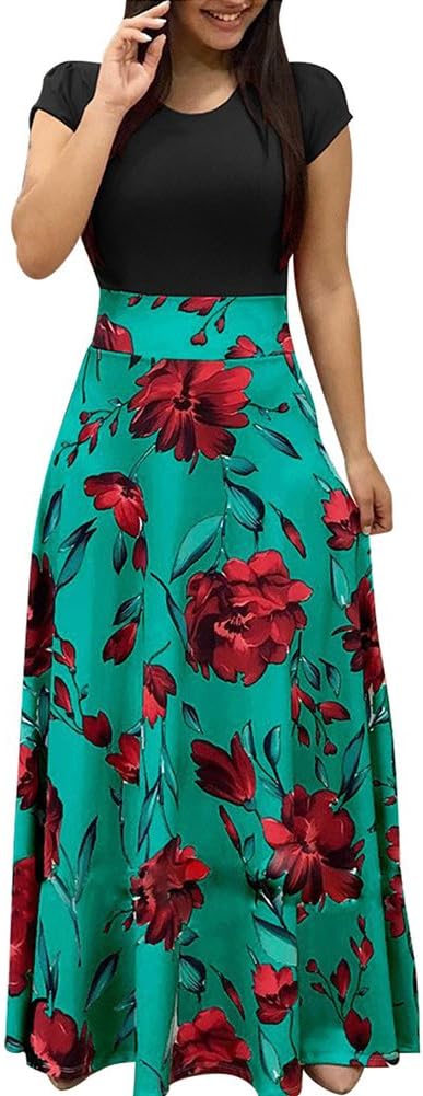Uinolo Womens Short Sleeve Floral Printed Splicing Color Prom Cocktail Swing Long Maxi Dress