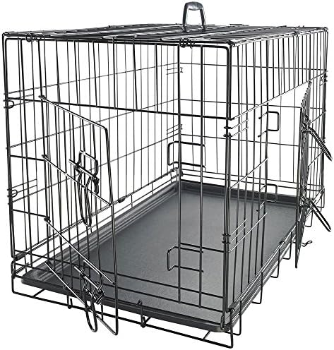 Extra-Strong Double Door Folding Metal Dog Crate with Divider Panel, Floor Protecting "Roller Feet" &amp; Leak-Proof Plastic Pan (24")