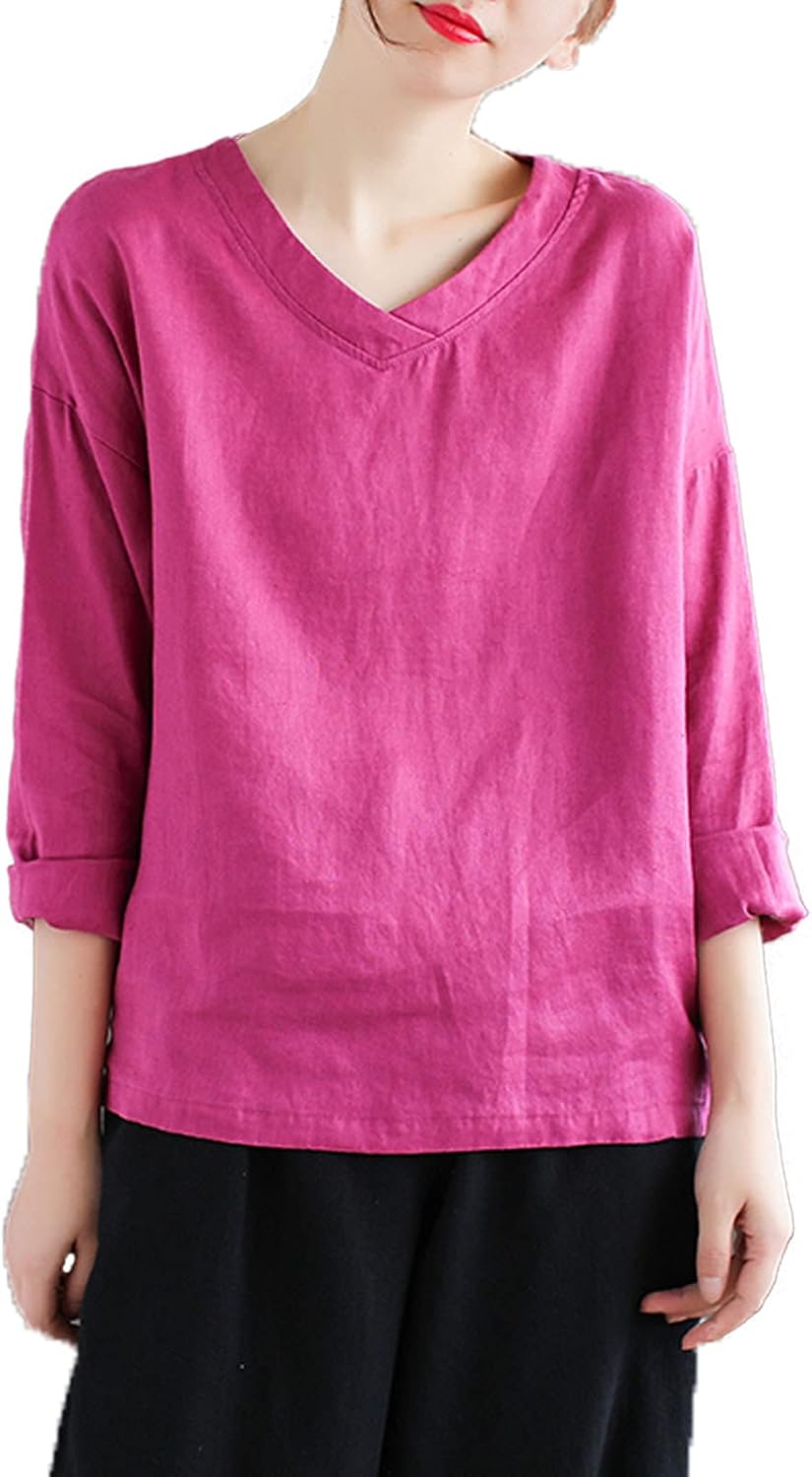 Johnature Retro Cotton Linen V-Neck Long Sleeve Pullovers Shirt Loose Women Top (Purple, One 