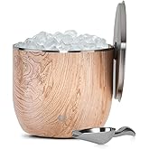 SNOWFOX XL Premium Vacuum Insulated Double Wall Stainless Steel Ice Bucket with Lid/Scoop, Bar Accessories, Large Elegant Party Bucket, Chill Several Bottles, Beautiful Entertaining, 7L, Natural Teak