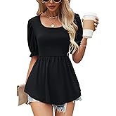 Widmile Women's Puff Sleeve Peplum Tunic Tops Casual Square Neck Flowy Blouse Floral Print Lace Shirt