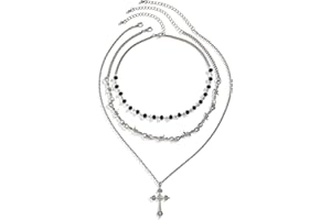 JewelryWe Halloween Necklace for Women: Gothic Cross Teardrop Tassel Crystal Beaded Fringe Choker Adjustable Stainless Steel 