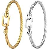 Mikovivi 2pcs Twisted Cable Wire Bracelets, Stainless Steel Twisted Cable Wire Bangle Cuff with Hook Clasp for Women (Silver & Gold)