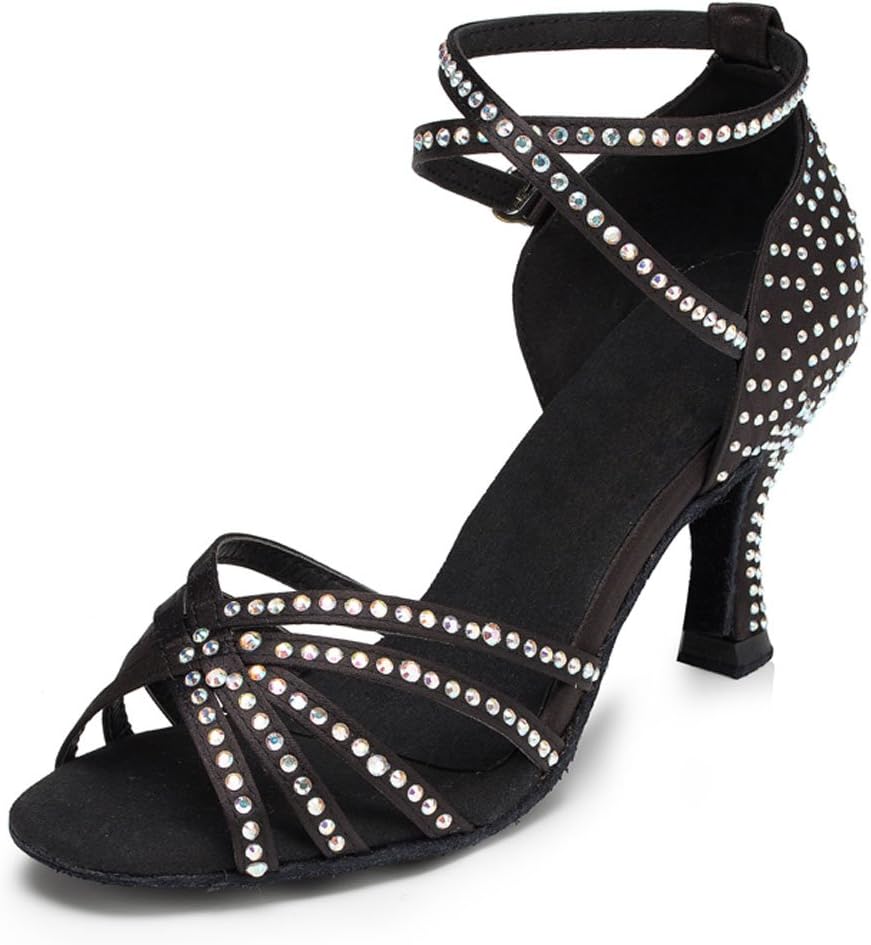 Yiteli Women's Latin Ballroom Dance Shoes Salsa Tango Open-Toe Sandals,Black Satin,8.5 B(M) US