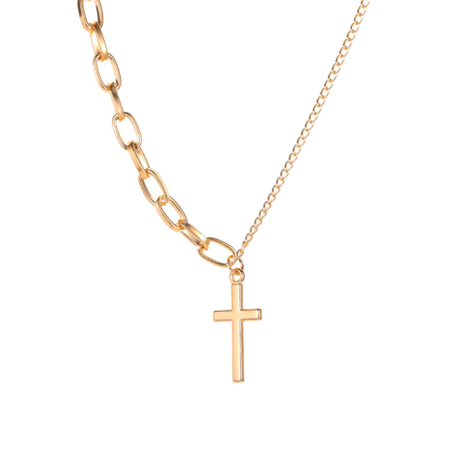 Yienate Simple Cross Necklace Asymmetric Chain Cross Pendant Necklace Paperclip Chain Fashion Jewelry for Women and Girls (Gold)