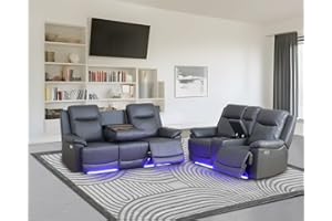 Plithzy Leather Power Recliner Sofa Set with LED, Living Room Furniture Set, Leather Sofa Set with USB Port Storage Console Cup Holder (Leather Sofa and Loveseat Set, Dark Grey)