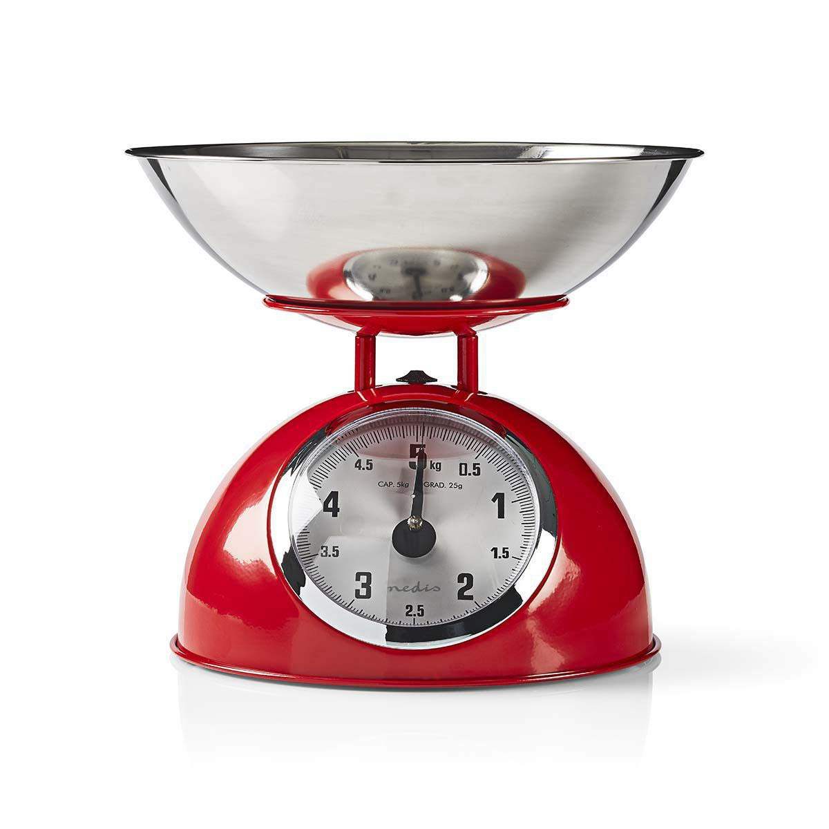 Nedis Mechanical Kitchen Scales - Retro Style Analogue Scale with 5Kg Capacity and Removable Stainless Steel Bowl - Red