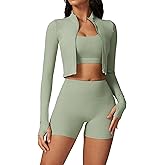 ABEHIK Womens Workout Sets 3 Piece Seamless Shorts Crop Top Long Sleeve Jacket Gym Yoga Outfit Sports Bra Set Running Clothes