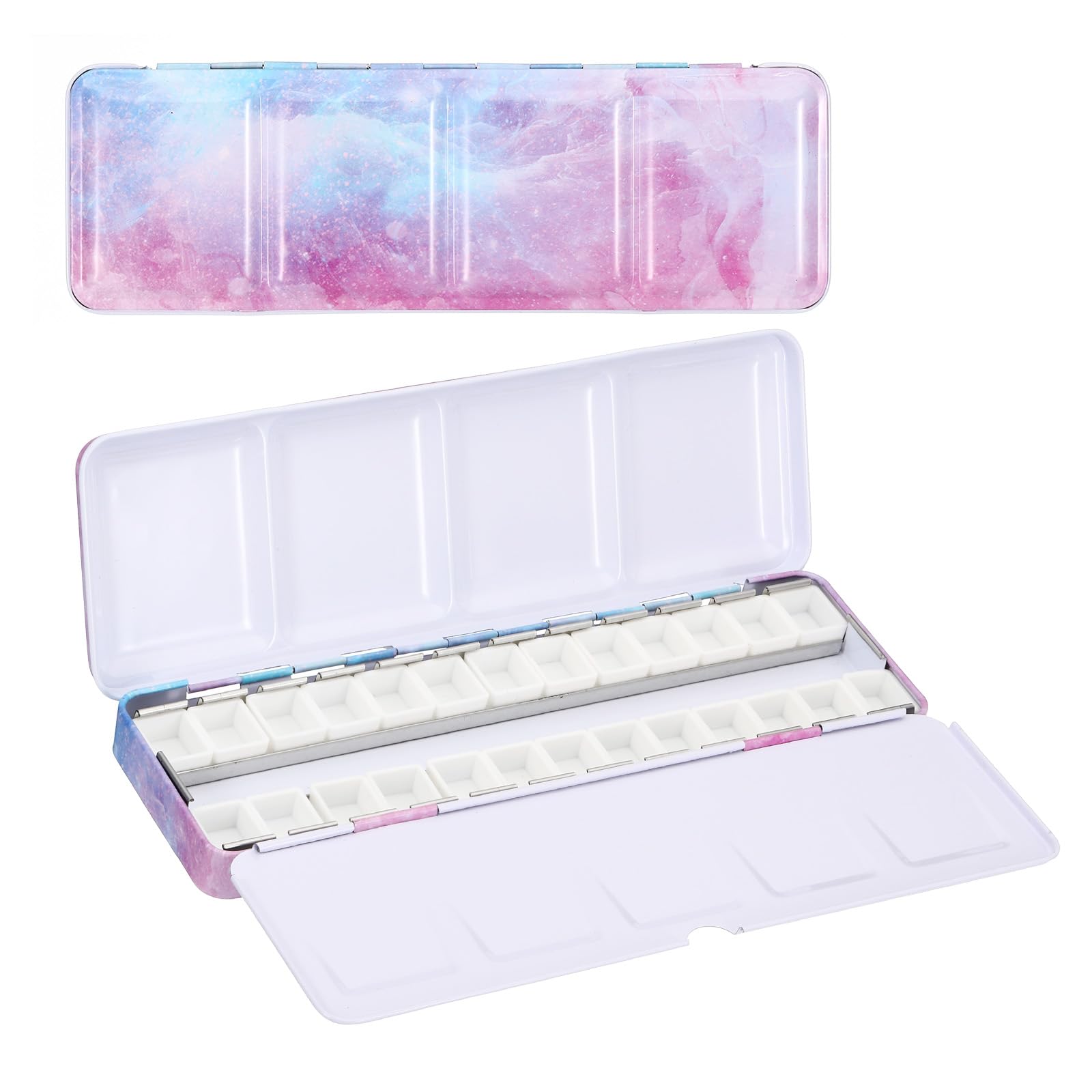Photo 1 of PATIKIL Empty Watercolor Palette, Metal Watercolor Tin with 26pcs Half Pans Paint Case with Lid Paint Box for Travel Gouache Oil Painting, Blue Pink