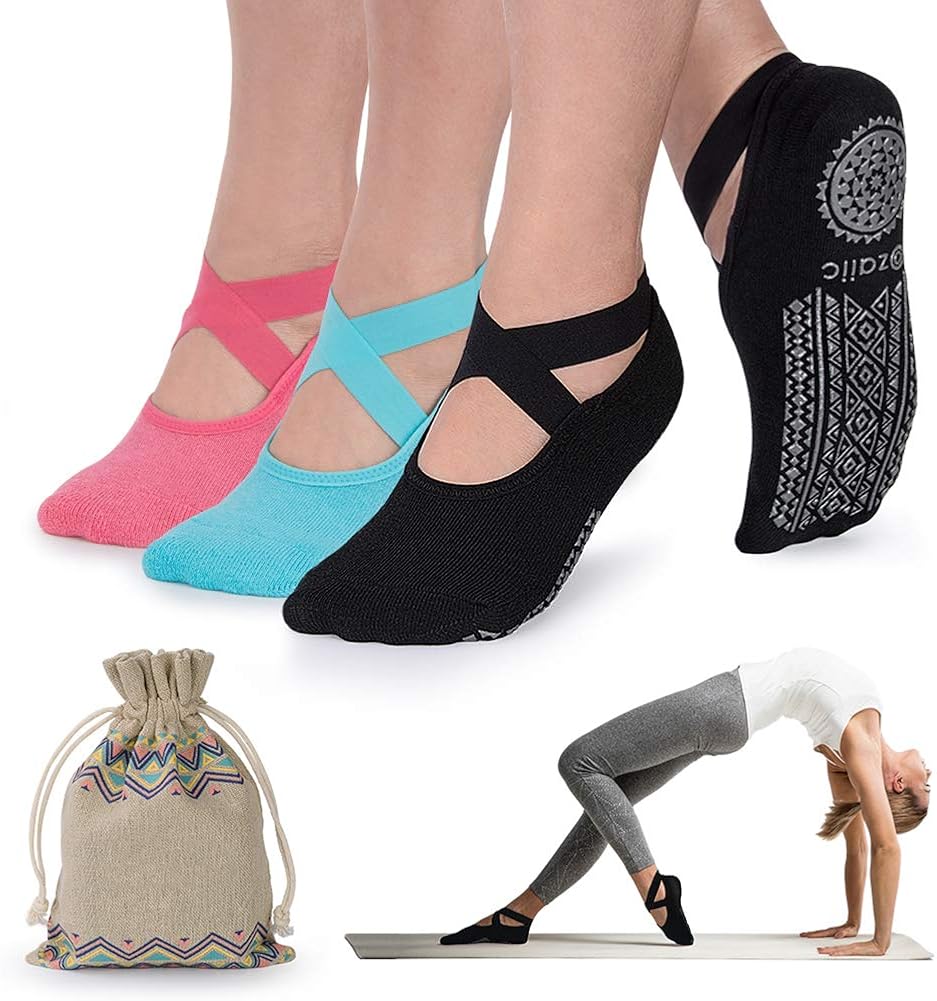 Yoga Socks for Women Non-Slip Grips & Straps, Ideal for Pilates, Pure Barre, Ballet, Dance, Barefoot Workout : Clothing