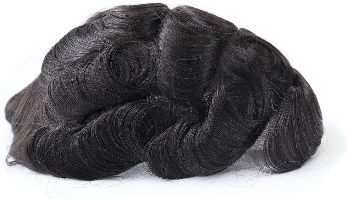 Human Hair System For Men Full Bleached Soft Swiss Lace Toupee 8×10 Inches European Virgin Human Hair Replacement Wigs Natural Wave Hairpieces 100% Density Natural Black Color(#1B) by Hywel