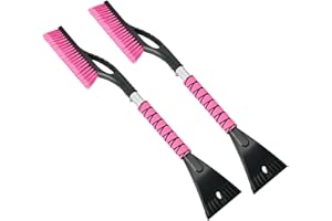 OUSHASAA 27" Snow Brush and Ice Scrapers for Car Windshield 2 Pack, Scratch-Free Bristle Head PVC Snow Brush & Foam Grip Window Snow Scraper Snow Removal Tool with Aluminum Body for Truck, SUV, Pink