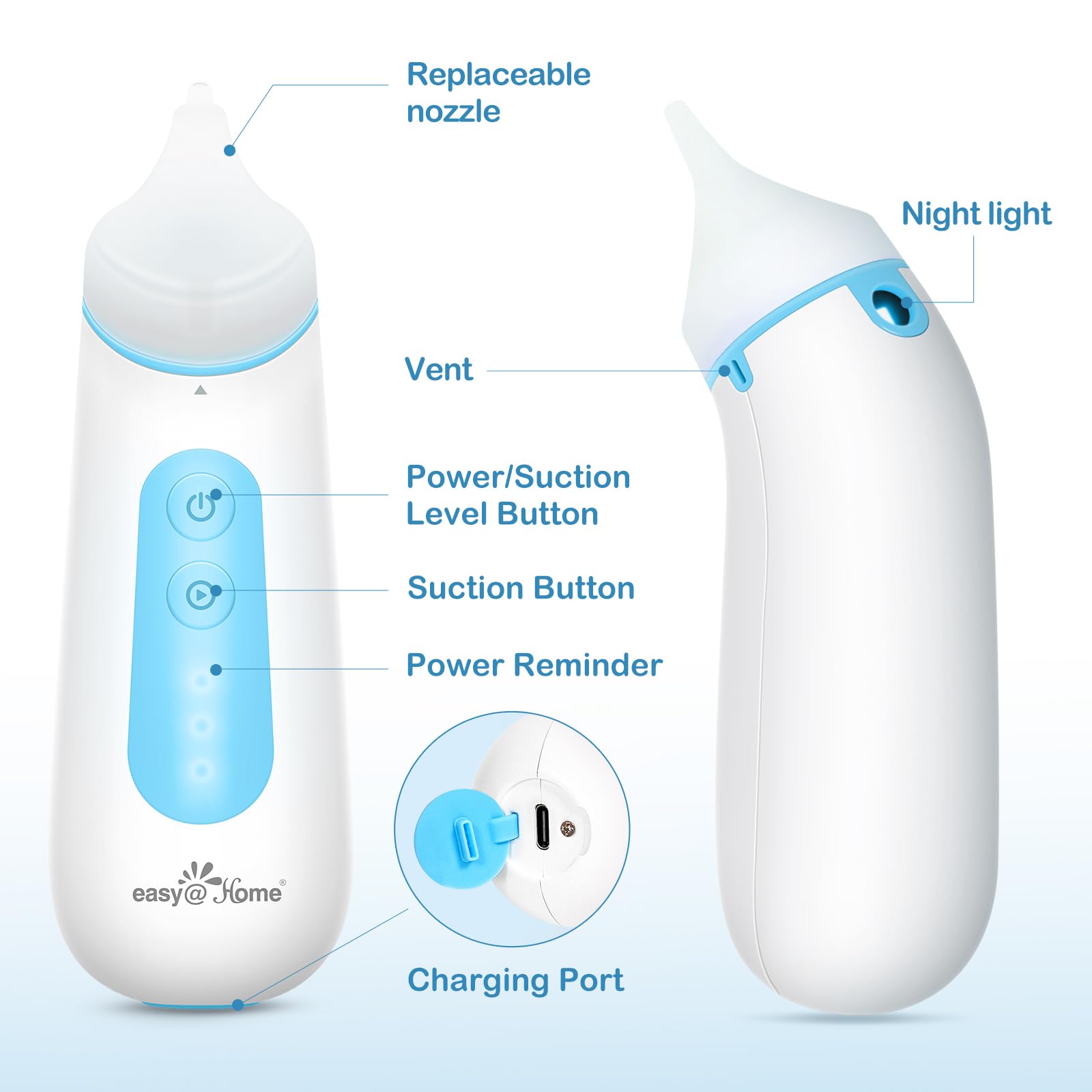 Easy@Home Nasal Aspirator for Baby: USB Rechargeable Electric Nose Suction, Gentle Effective Nose Sucker with 3 Levels of Adjustable Suction LED Night Light ENA102
