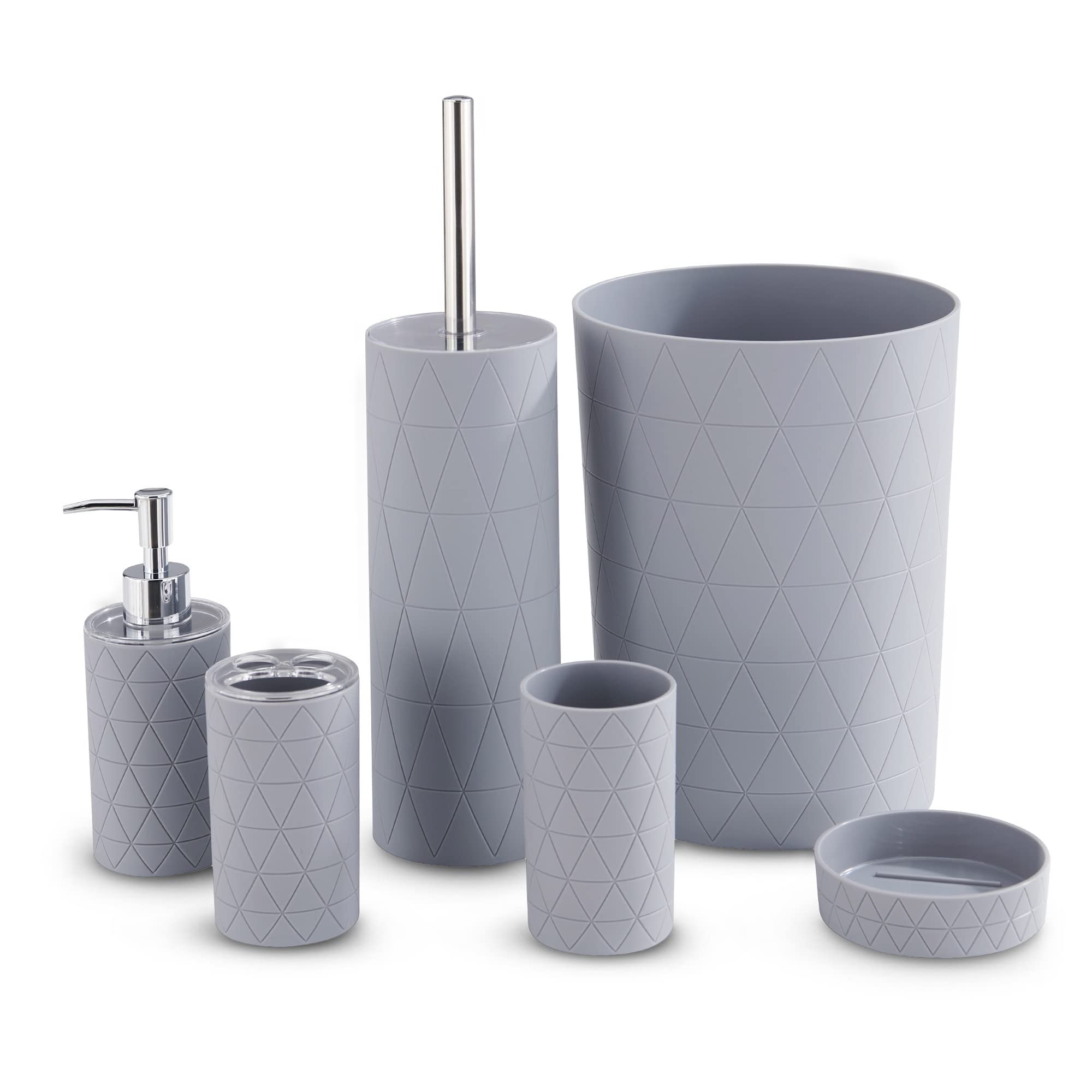 LIVIVO Stylish 6pc Bathroom & Sink Accessory Set - Modern Vanity Organiser Kit Include Tumbler, Toothbrush & Toilet Brush Holder, Lotion Dispenser, Soap Dish & Trash Bin (Grey Geo)