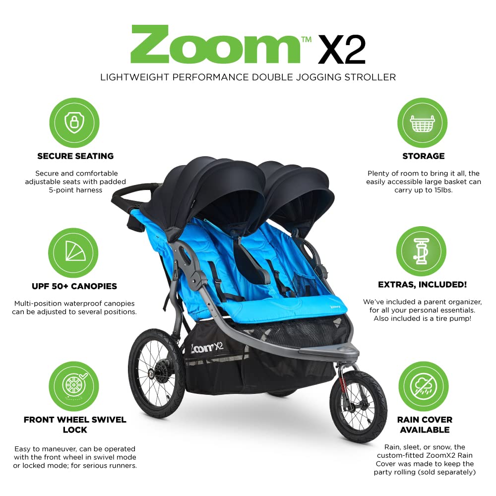 Joovy Zoom X2 Lightweight Performance Double Jogging Stroller Featuring Extra-Large Pneumatic Tires with Air Pump Included, Locking and Swiveling Front Tire, and Easy One-Handed Fold, Glacier