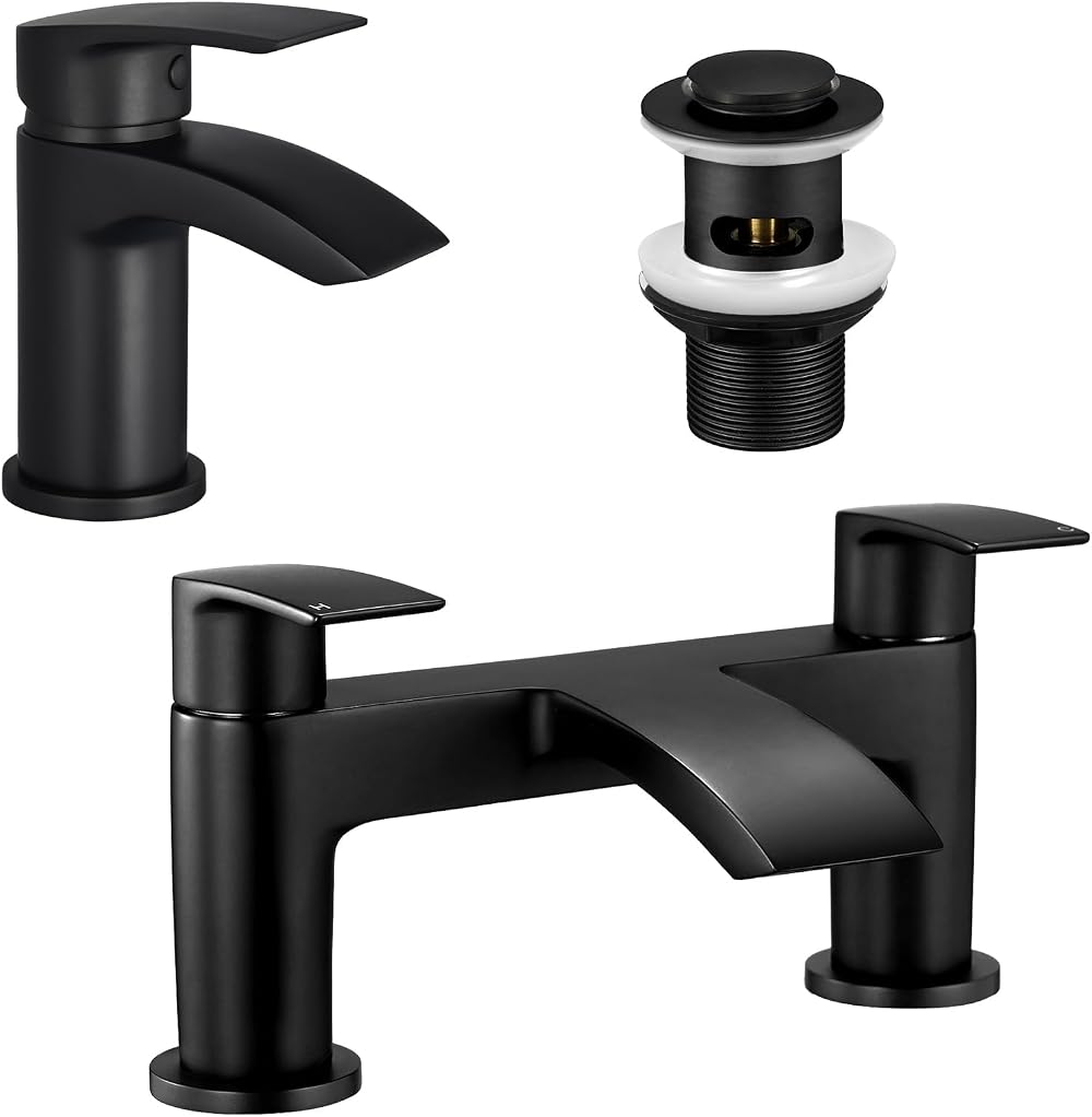 Peppermint Matte Black Waterfall Bath Basin Mixer Taps Set Deck Mount Pop-up