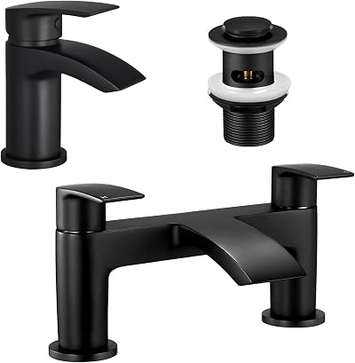 Peppermint Matte Black Waterfall Bath Basin Mixer Taps Set Deck Mount Pop-up