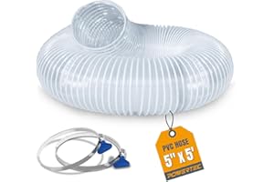 POWERTEC 5" x 5' PVC Flexible Dust Collection Hose with 2pcs Stainless Steel Key Hose Clamps for Woodworking and Garage, Wood Shop Dust Collection System, Planer, Cyclone Dust Separator (70394)