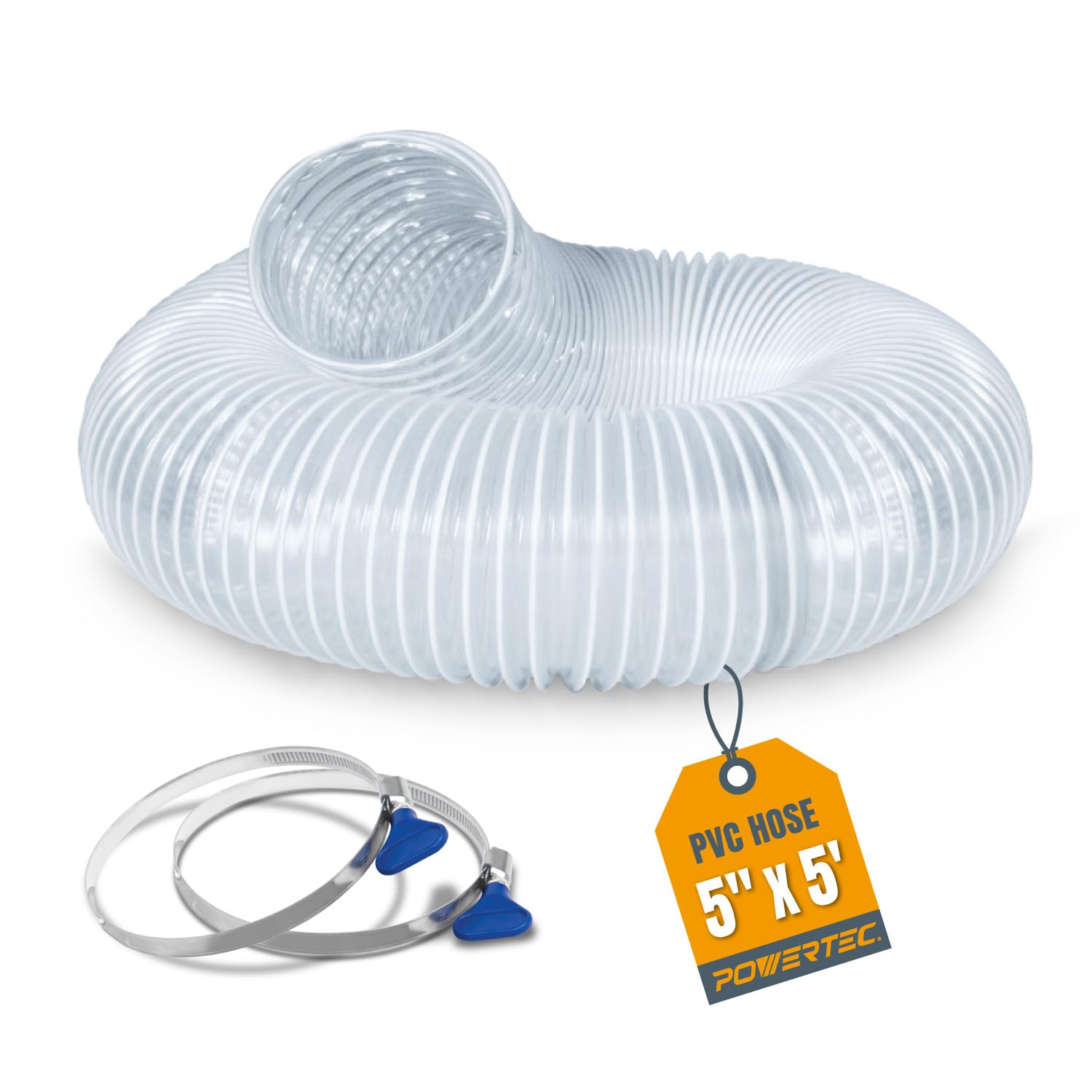 Photo 1 of POWERTEC 5" x 5' PVC Flexible Dust Collection Hose with 2pcs Stainless Steel Key Hose Clamps for Woodworking and Garage, Wood Shop Dust Collection System, Planer, Cyclone Dust Separator (70394)