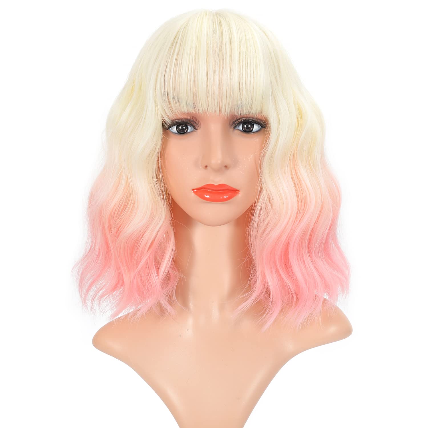 VCKOVCKO 2 Tone Color Curly Bob Wig With Air Bangs - Natural Curly Wavy Short Bob - Women's Shoulder Length Synthetic Cosplay Wig for Girl - Colorful - 12", 613-Light Pink