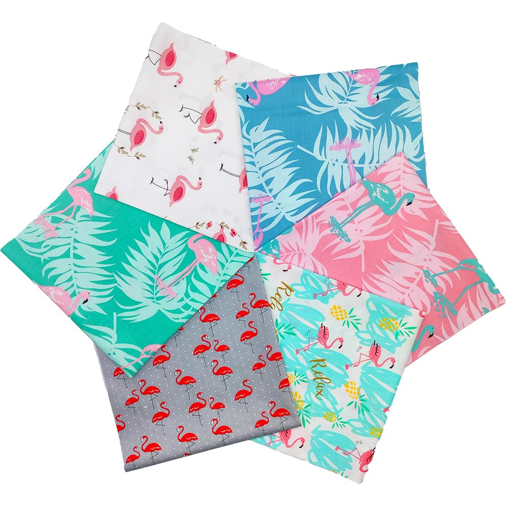 MIDUOLE Fat Quarters Fabric Bundles, 6 Pcs 100% Cotton 19.69” x 19.69” (50cmx50cm) Precut Quilting Fabric Squares Sheets for DIY Patchwork Sewing Quilting Crafting, No Repeat Design Flamingo Pattern.