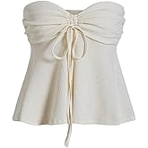 Milumia Women Tie Front Ruched Tube Top Summer Strapless Flared Hem Peplum Bandeau Tops
