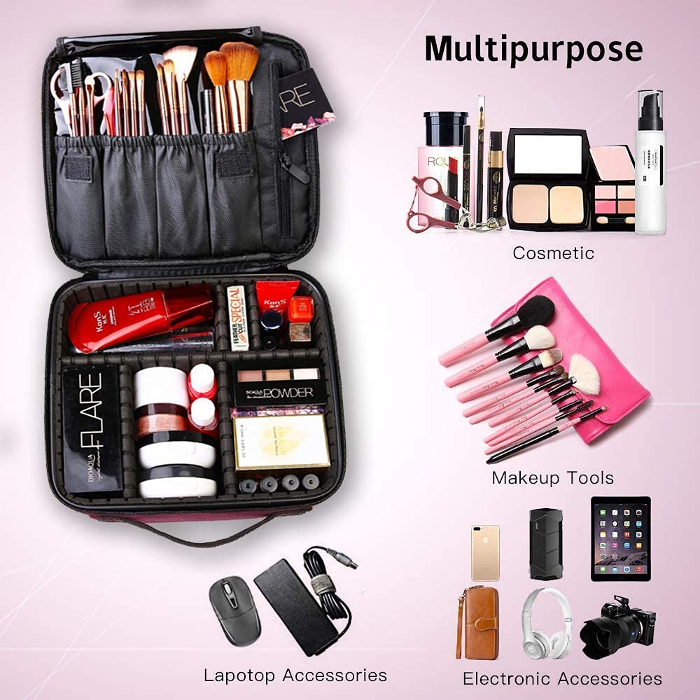 gzcz Travel Makeup Bag 10.4 Inches Professional Cosmetic Case Make Up Bag Cosmetic Brush Organizer Bag with Adjustable Divider, Storage Case for Girls and Women(S-Rose Red)