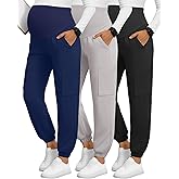 Yearntown 3 Pack Women's Maternity Scrub Pants, Workwear Pregnancy Jogger Pants Over Belly Yoga Sweatpants Zippered Pockets