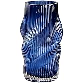 HELAIMAY Blue Ribbed Glass Flower Vase, Irregular Shaped Modern Minimalist Glass Vase, Flower Vase for Centerpieces and Home Decor, 8.6 Inches, 1 Piece