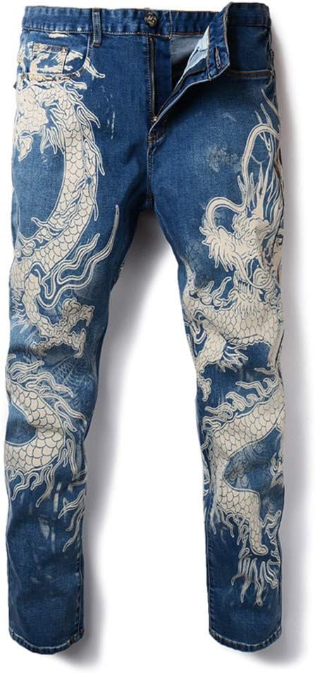 Men's Dragon Print Jeans Male Colored Drawing Painted Slim Denim Pants Elastic Black Long Trousers