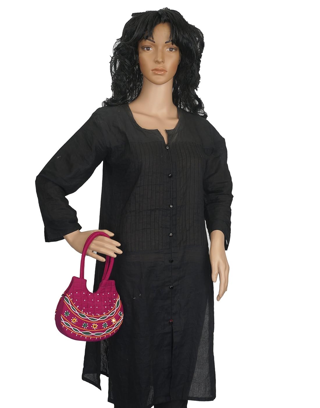 belladona small pot cut mirror work bag in rani pink