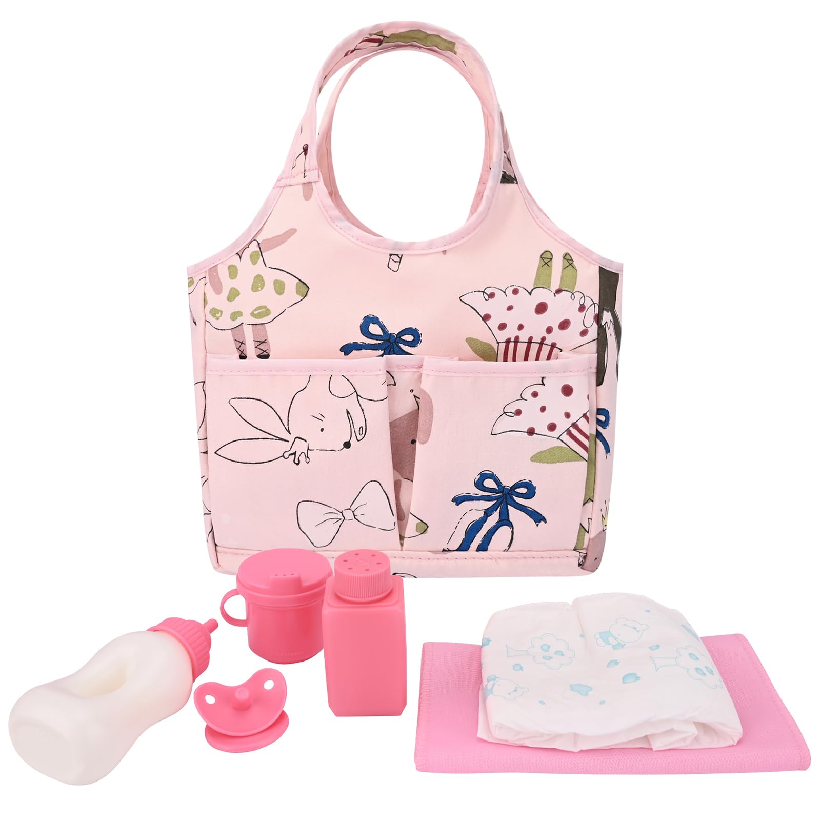 Bebamour 7 Pcs Baby Doll Diaper Bag Set Doll Feeding Set Including Bottle, Diaper Bag,Changing Pad for 12-15 Inches Dolls, Rabbit